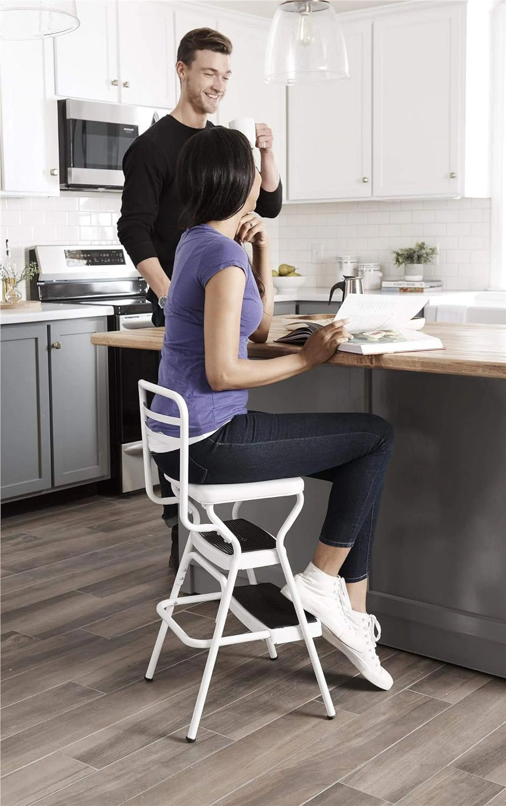 White Retro Counter Chair Step Stool with Lift-up Seat W897430