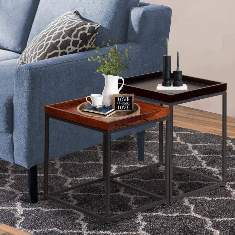 2 Piece Wooden Tray Top Nesting Table Set with Metal Frame, Brown and Black H636937