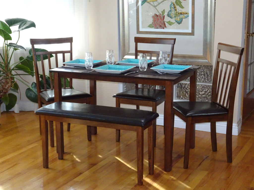 5 Pcs Rectangular Table 3 Wooden Chairs Bench Medium Brown C23127