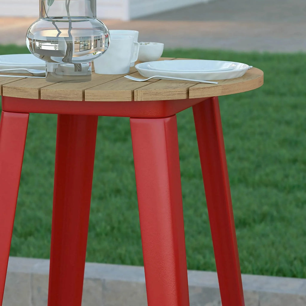Indoor/Outdoor Bar Top Table Brown Resin Top Red Steel Base U90643