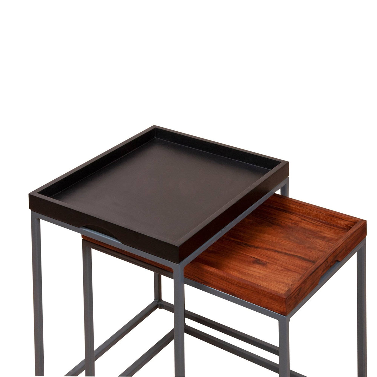 2 Piece Wooden Tray Top Nesting Table Set with Metal Frame, Brown and Black H636937