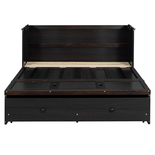 Full Murphy Bed with USB Charging Station and Large Drawer, Wooden Full Size Bed Wall Bed with Storage, Espresso M13167