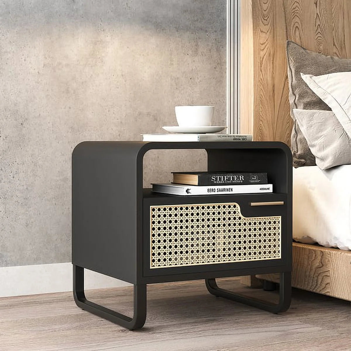 Black Rattan Woven Nightstand with 1 Drawer U1596