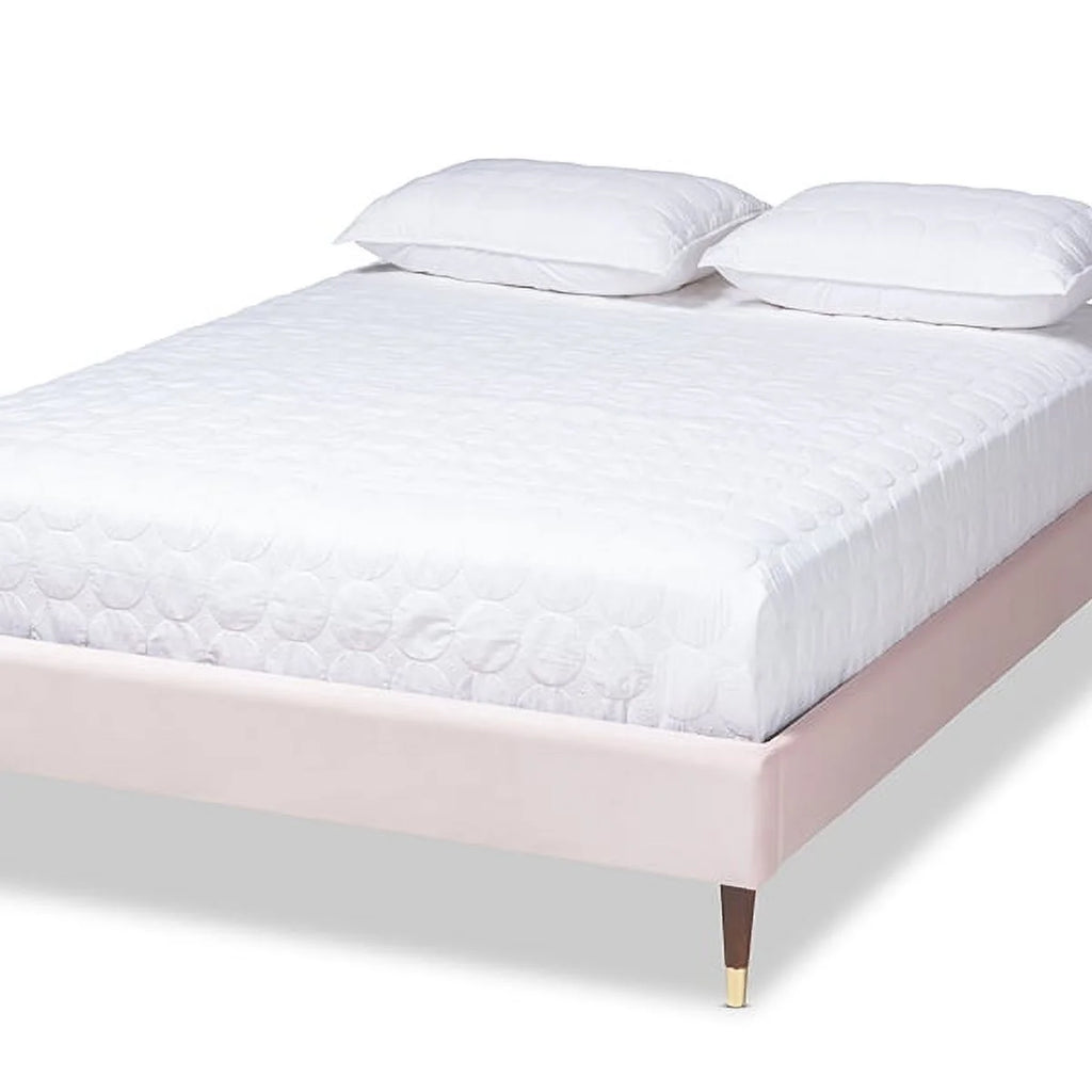 Light Pink Velvet Upholstered Full Size Wood Platform Bed Frame R651