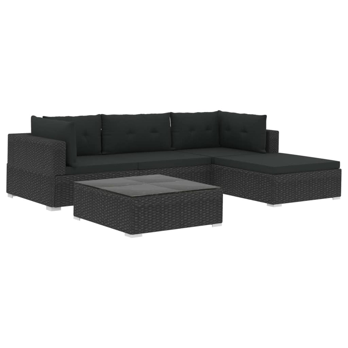 5 Piece Black Poly Rattan Outdoor Sectional Sofa Set with Tea Table and Ottoman C14839