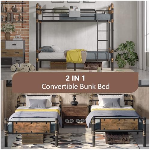 2 IN 1 Metal Bunk Bed Twin Over Twin, Convertible into 2 Individual Twin Size Bed, Vintage Brown I586