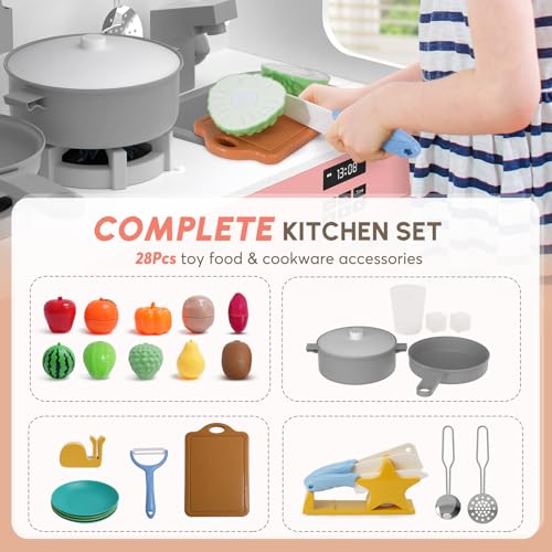 Play Kitchen with Lights & Sounds, 28 Pcs Toy Food & Cookware N7145