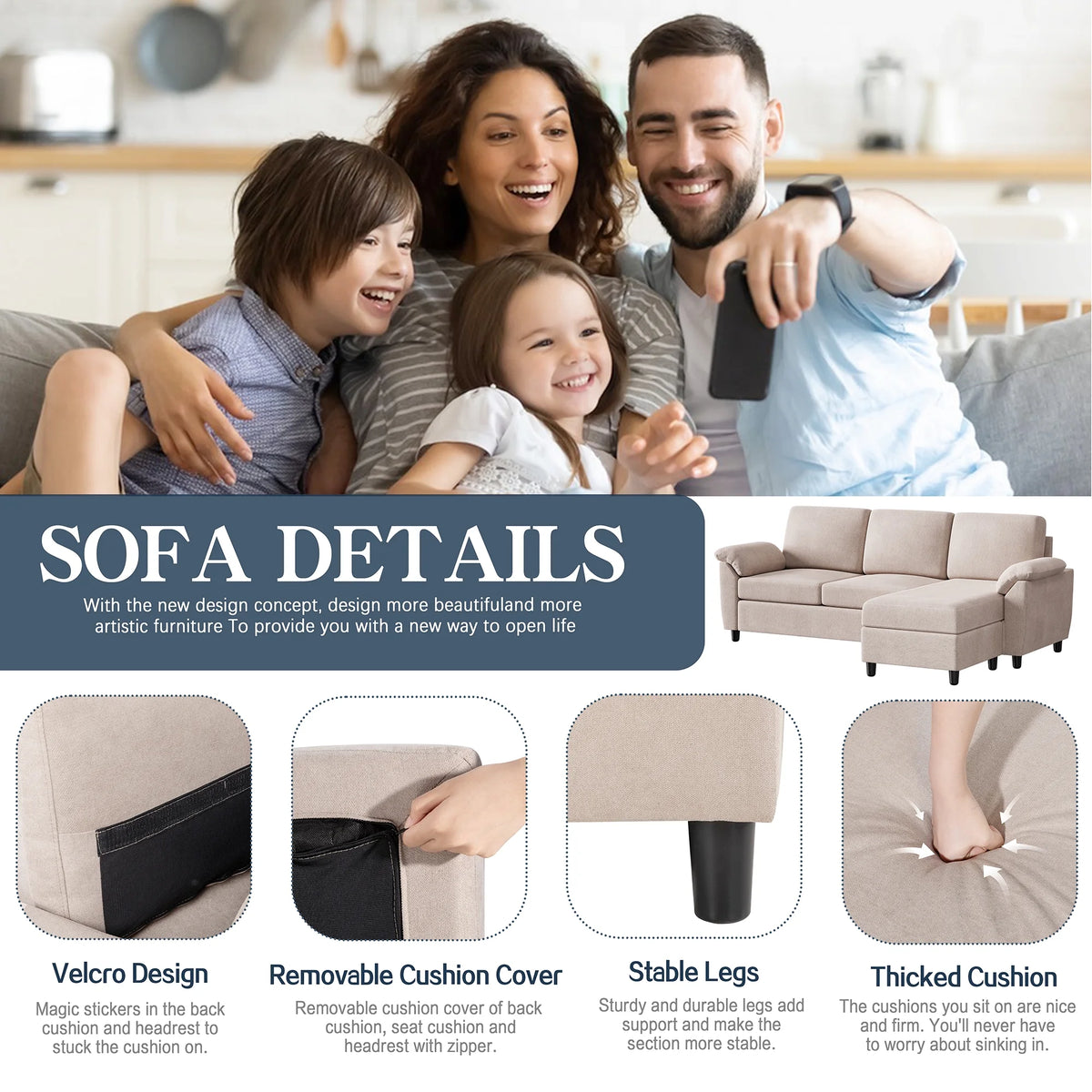 Convertible Sectional Sofa Couch, 3 Seat L Shaped Sofa with Removable Pillows Linen Fabric (Gray) N385