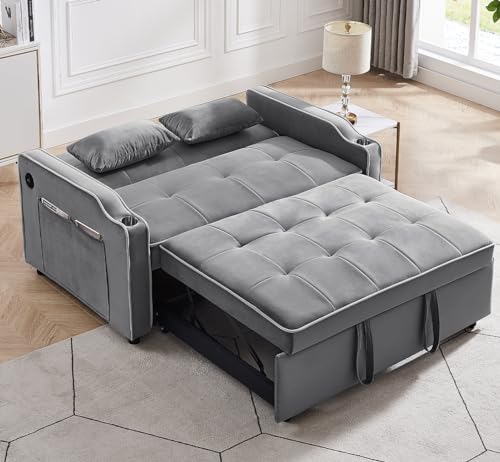 Black Velvet Convertible Futon Couch with USB Ports E2665