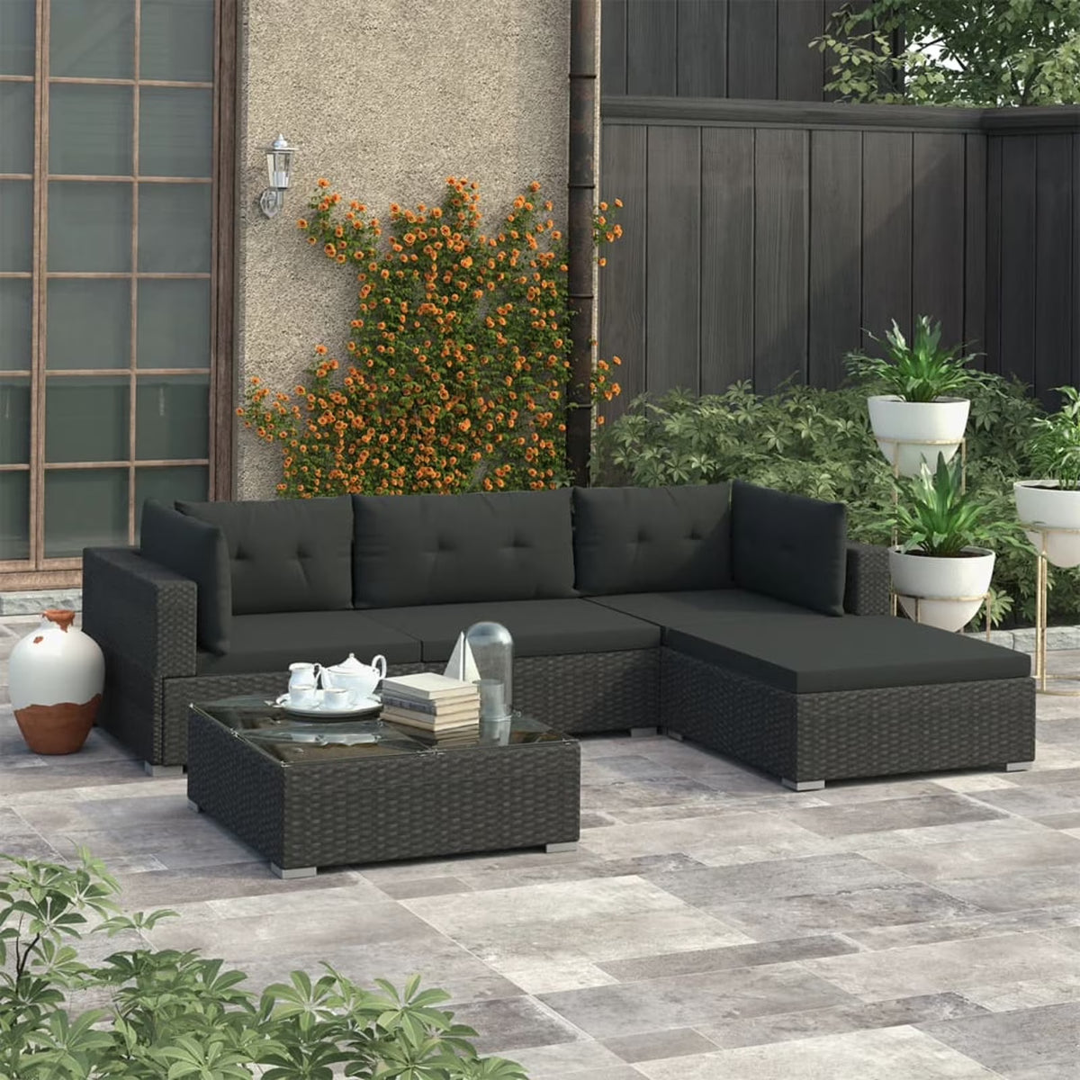 5 Piece Black Poly Rattan Outdoor Sectional Sofa Set with Tea Table and Ottoman C14839