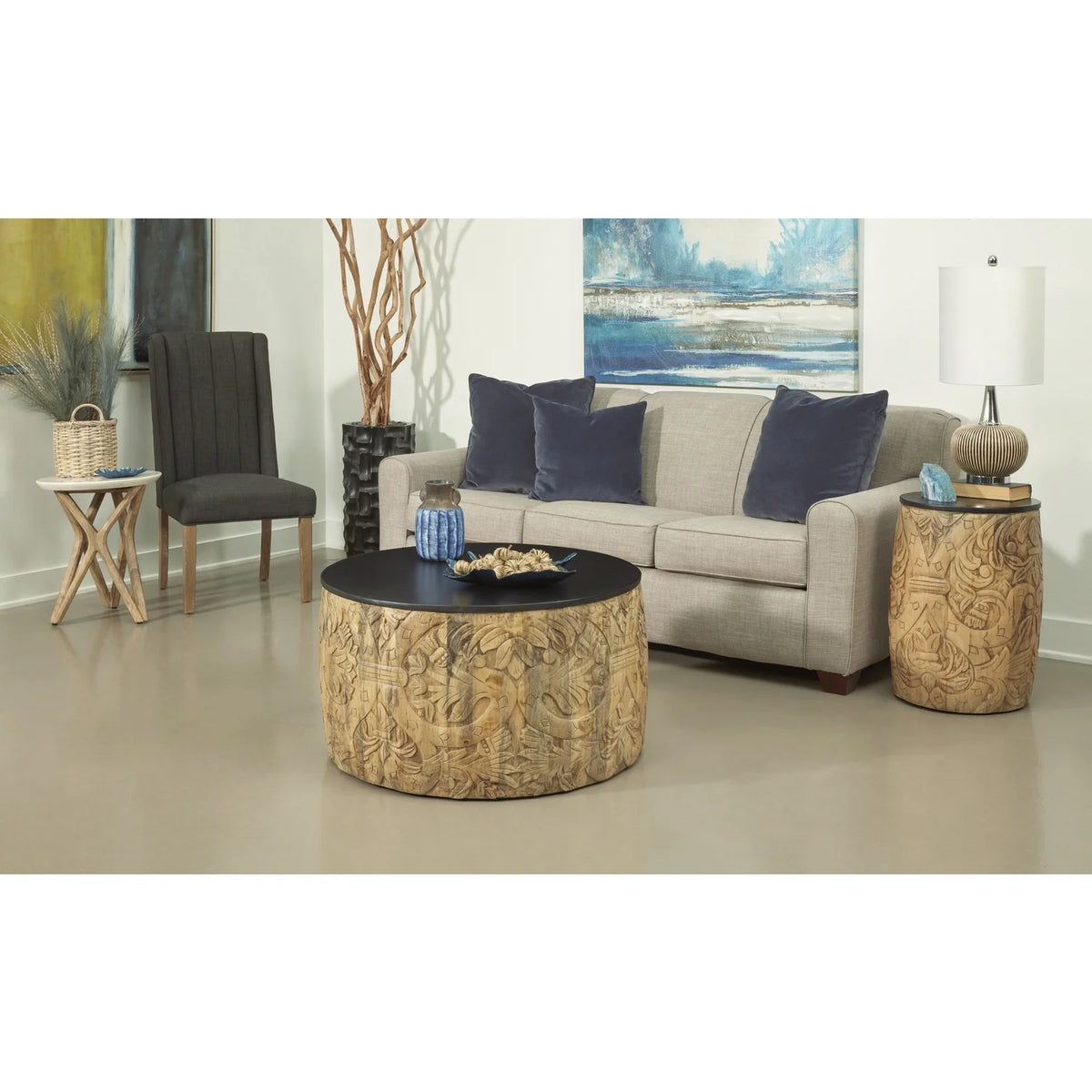Solid Mango Wood Round Drum End Table G921347