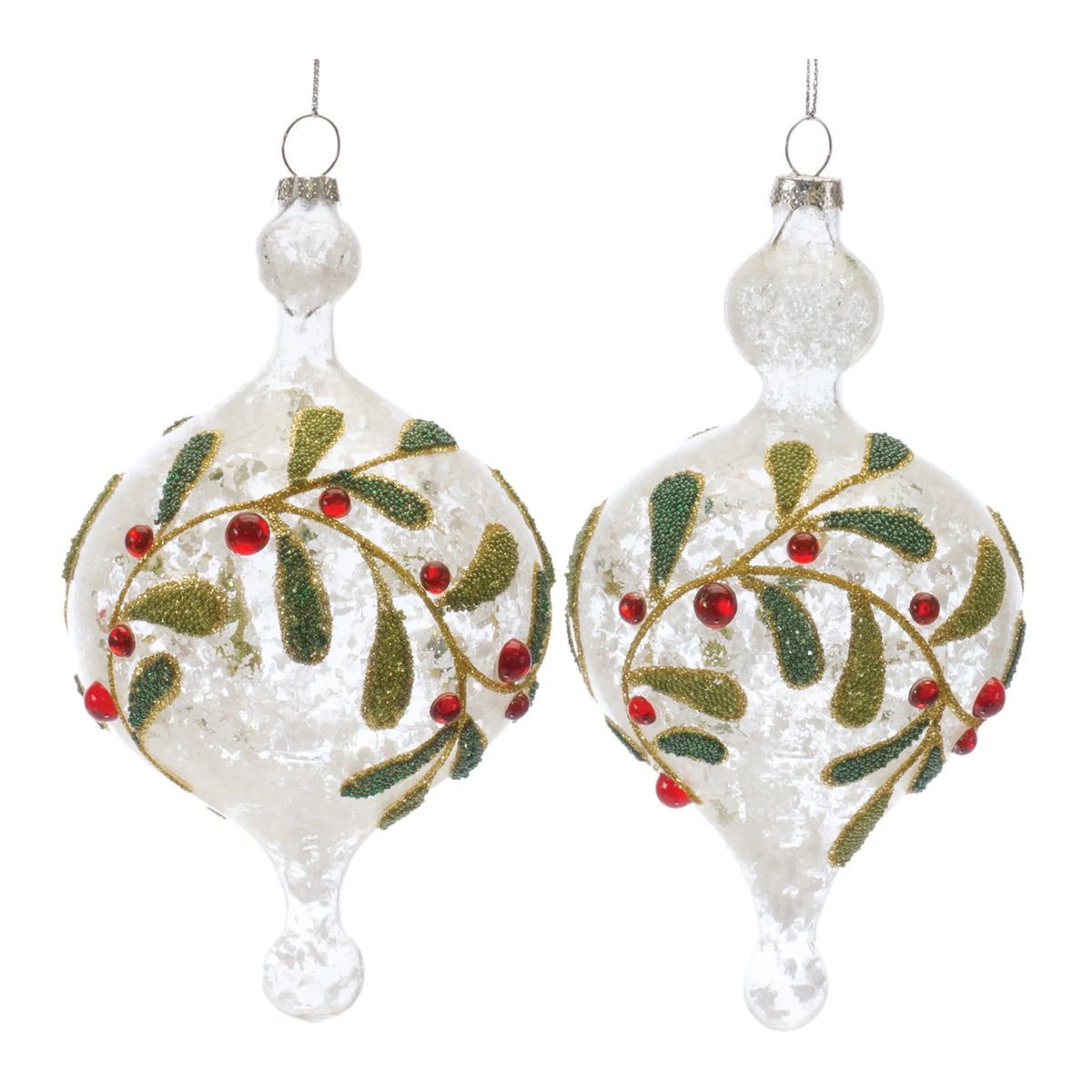 6ct White and Red Beaded Glass Christmas Ornaments 6.5" W357