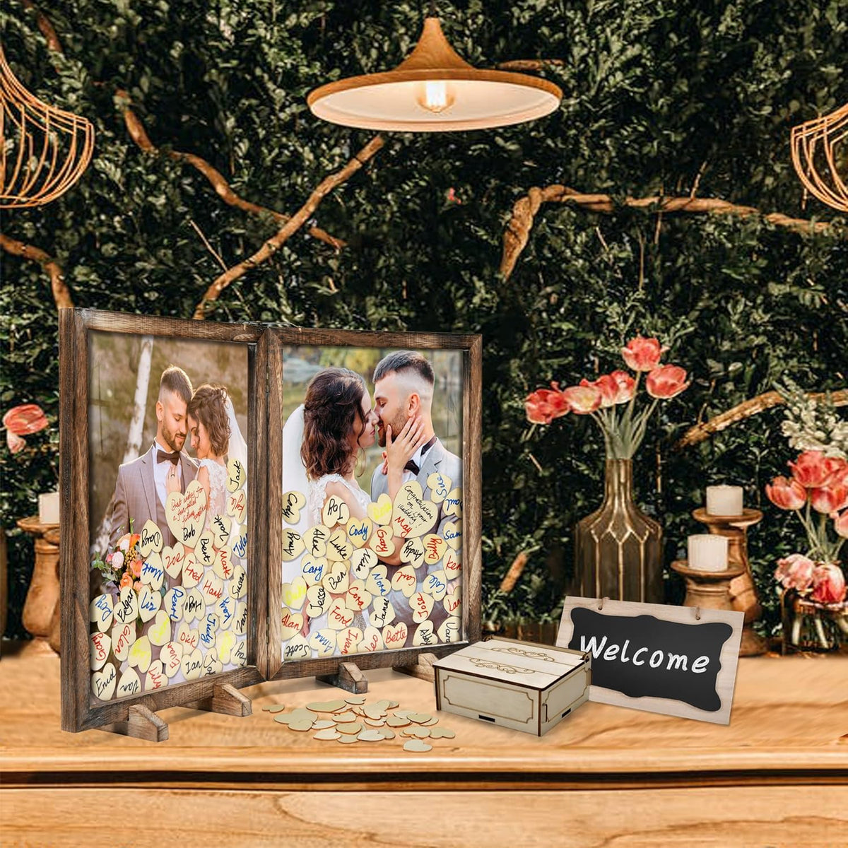 Wooden Drop Top Box Picture Frame with 160 Wooden Hearts A124