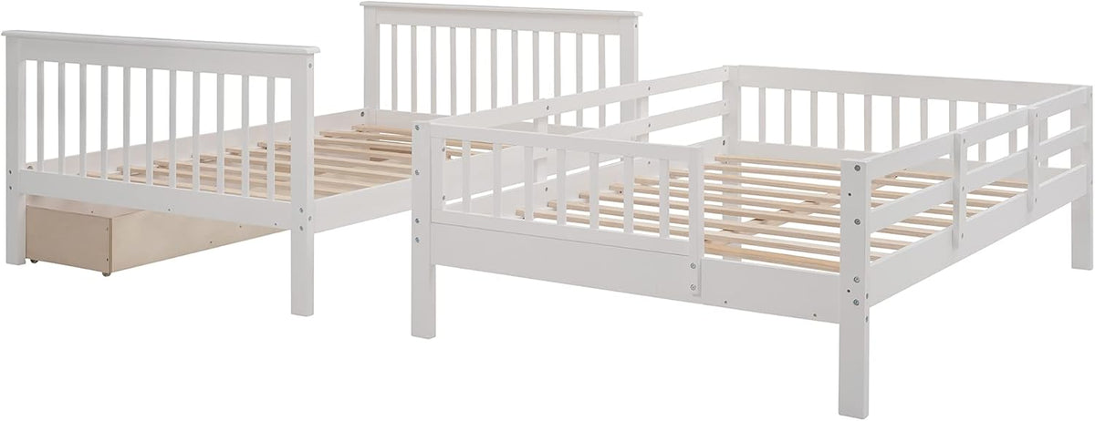 White Full Over Full Wooden Bunk Bed with Stairs and Storage Drawers N1942