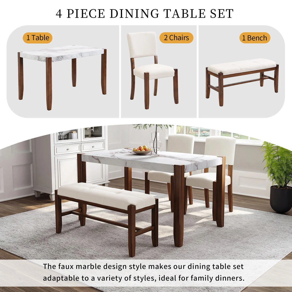 4-Piece Faux Marble Dining Furniture Set with 2 Upholstered Chairs & Bench T960207