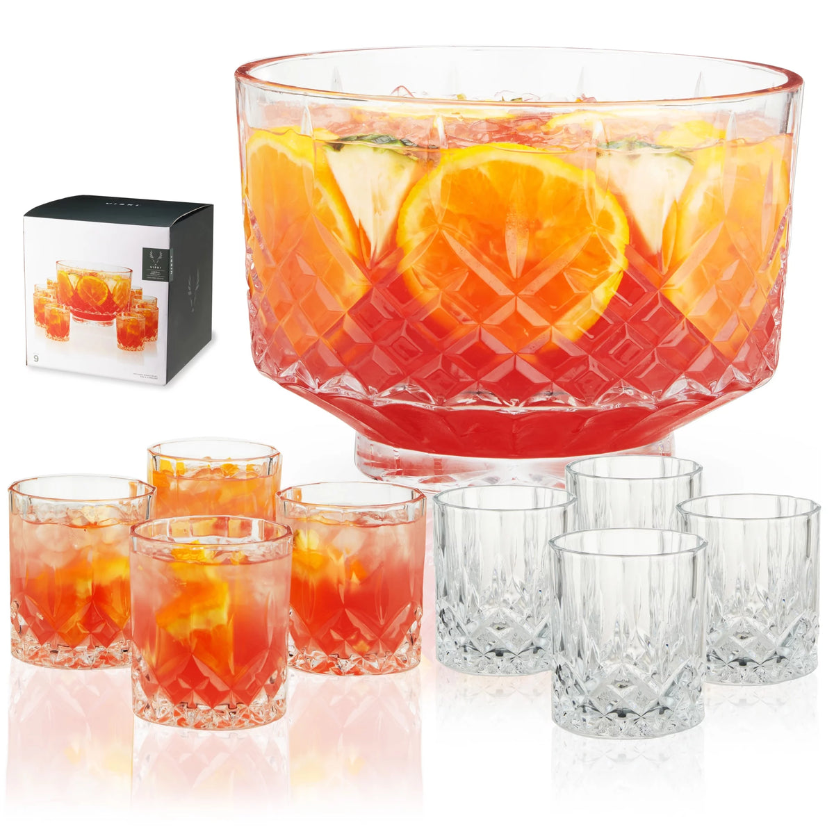 Cut Crystal Punch Bowl Set with 8 Tumblers, Dishwasher Safe A7101