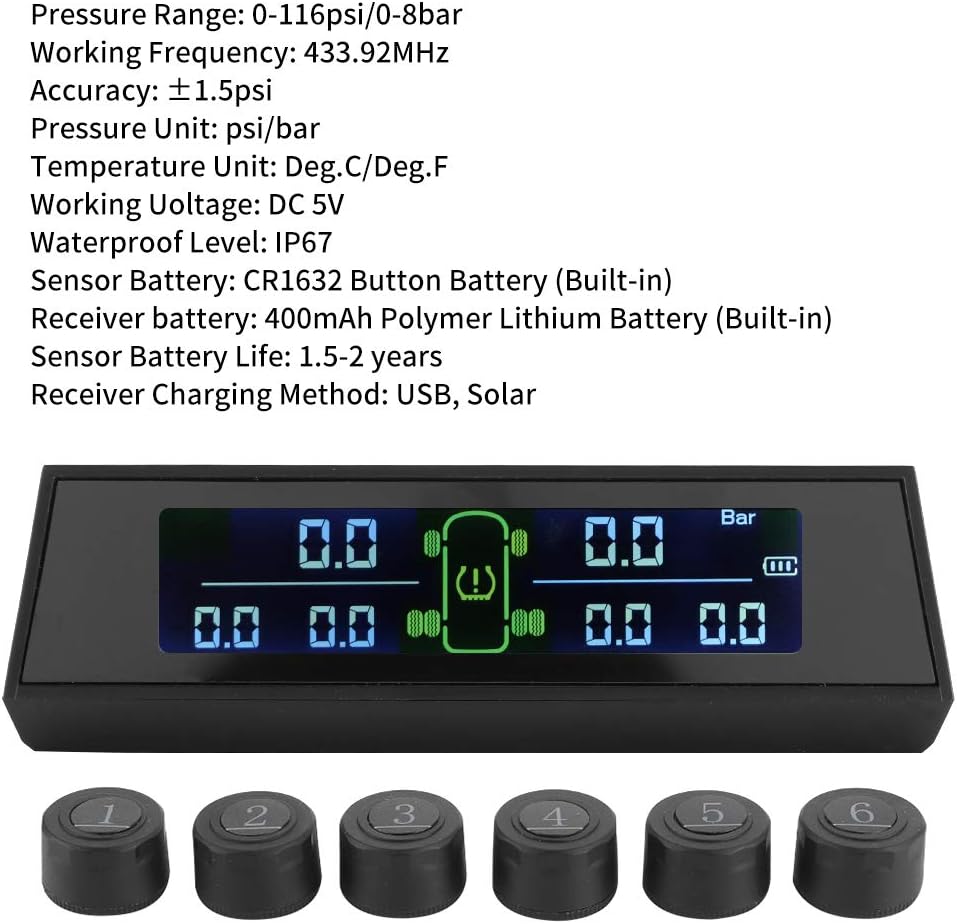 Solar Powered TPMS Tire Pressure Monitor System with LCD 6 External Sensor Pack of 2 W539000