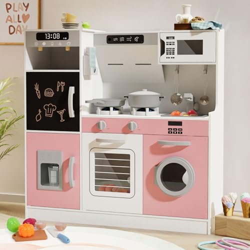 Play Kitchen with Lights & Sounds, 28 Pcs Toy Food & Cookware N7145