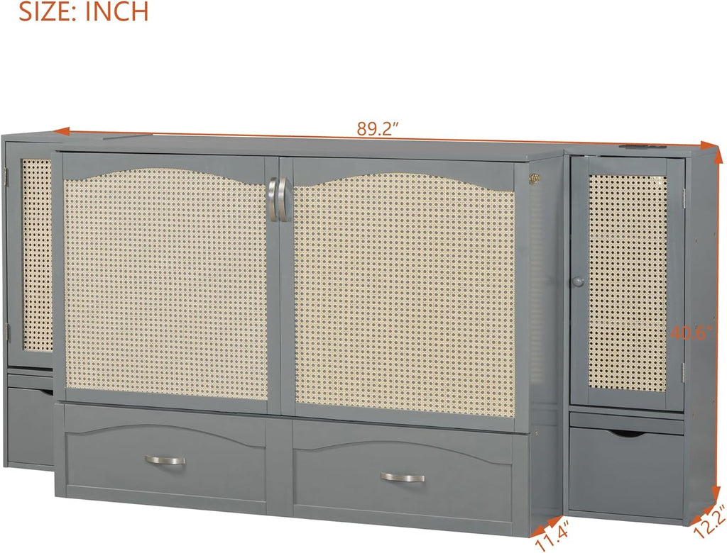 Gray Queen Size Murphy Bed with Storage Drawer and 2 Cabinets V34734