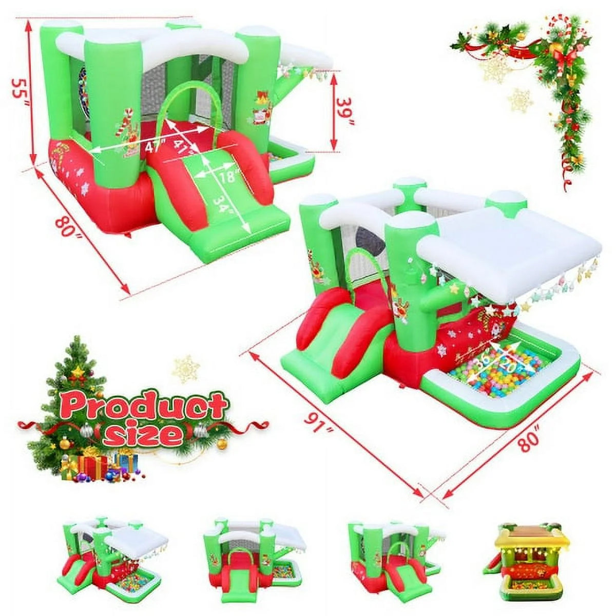 Christmas Jump 'n Slide Inflatable Bouncer with Blower, 80" x 91" Play Area, 55" Tall U952