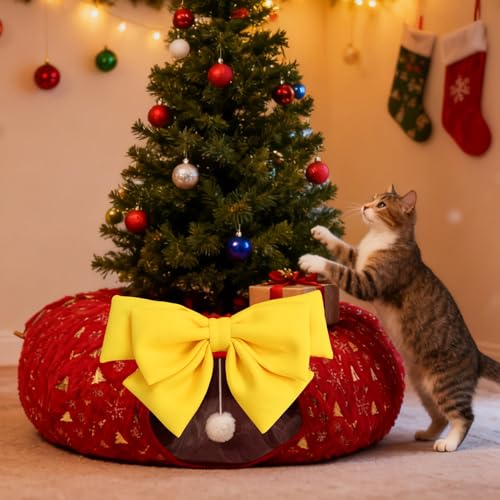 Christmas Cat Tunnel with Bowtie, Washable Circle Cushion and Plush Ball Toy, Red P182