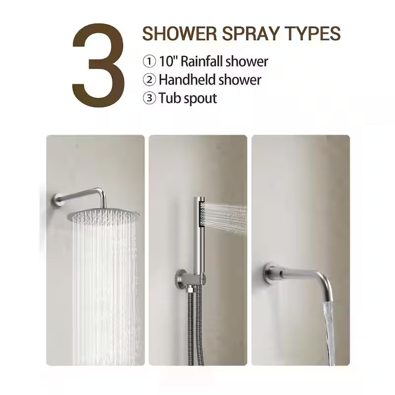 10 in. 3-Spray Wall Mount Shower Head and Tub Faucet 2.5 GPM Brushed Nickel F23735