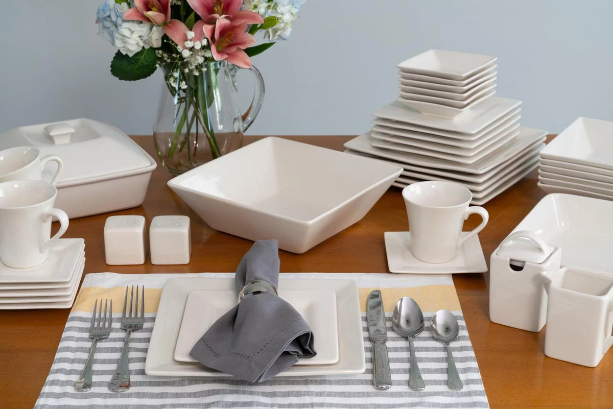 45-Piece Cream White Stoneware Dinnerware Set B58632