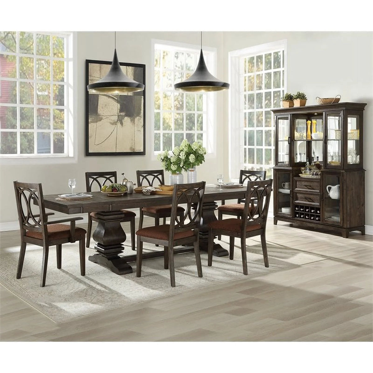 Brown Espresso Wood Upholstered Arm Chair Set of 2 E473