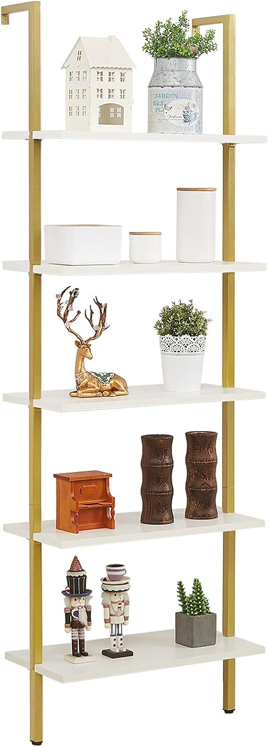 5-Tier White Gold Metal Wall-Mounted Bookshelf N694