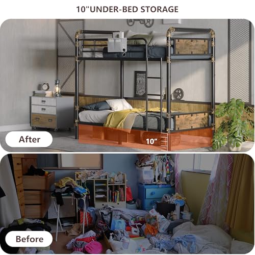 2 IN 1 Metal Bunk Bed Twin Over Twin, Convertible into 2 Individual Twin Size Bed, Vintage Brown I586