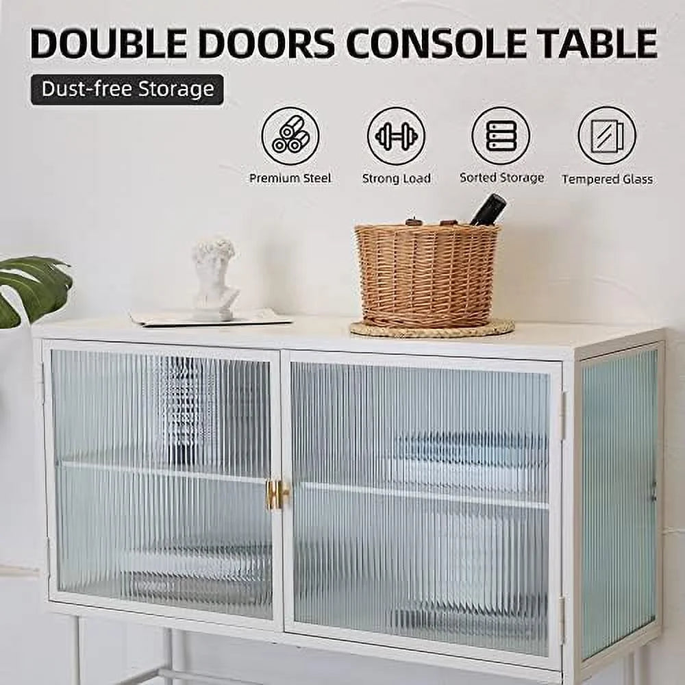White Fluted Glass Corner Cabinet Sideboard I9012