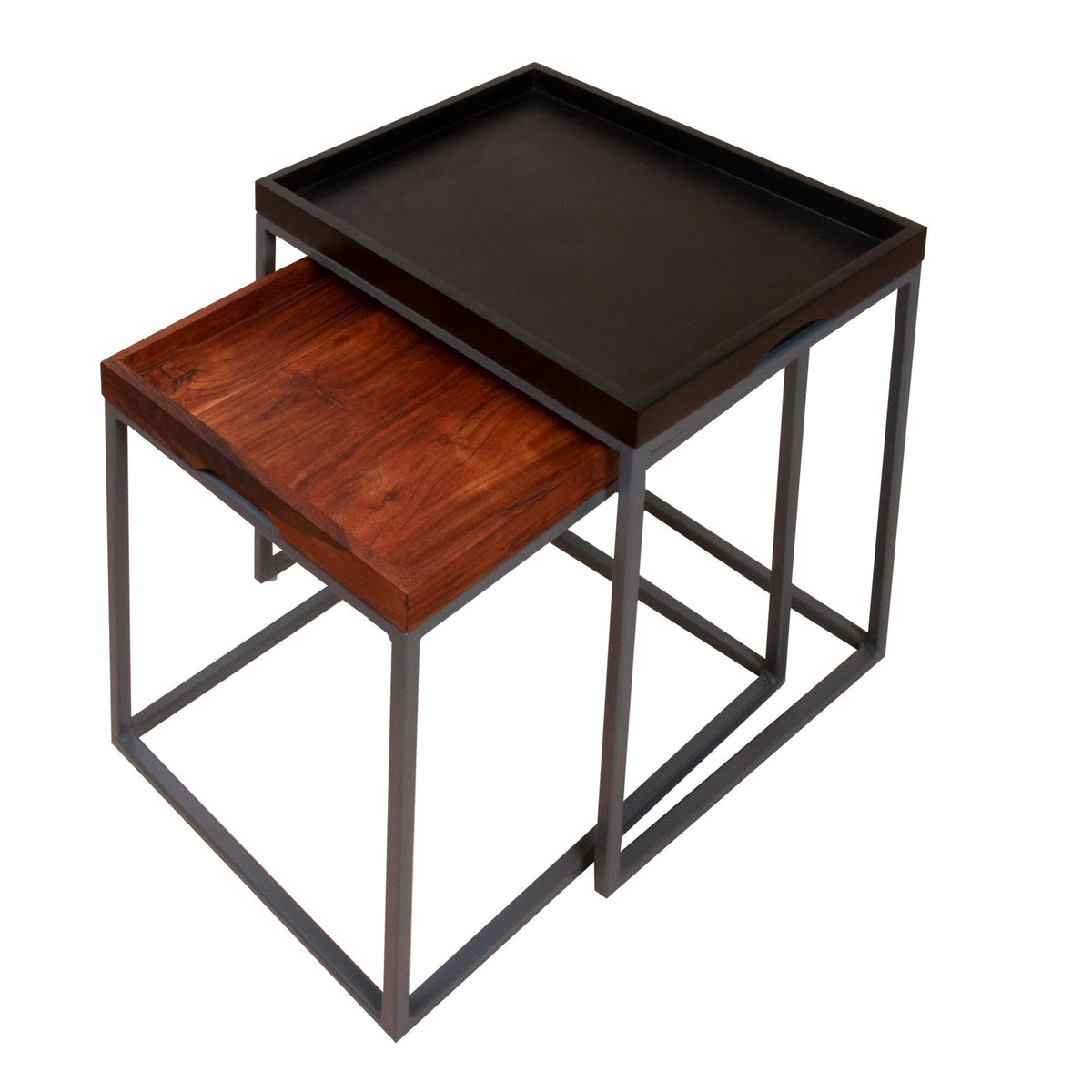 2 Piece Wooden Tray Top Nesting Table Set with Metal Frame, Brown and Black H636937