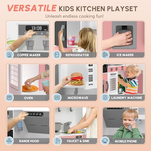 Play Kitchen with Lights & Sounds, 28 Pcs Toy Food & Cookware N7145