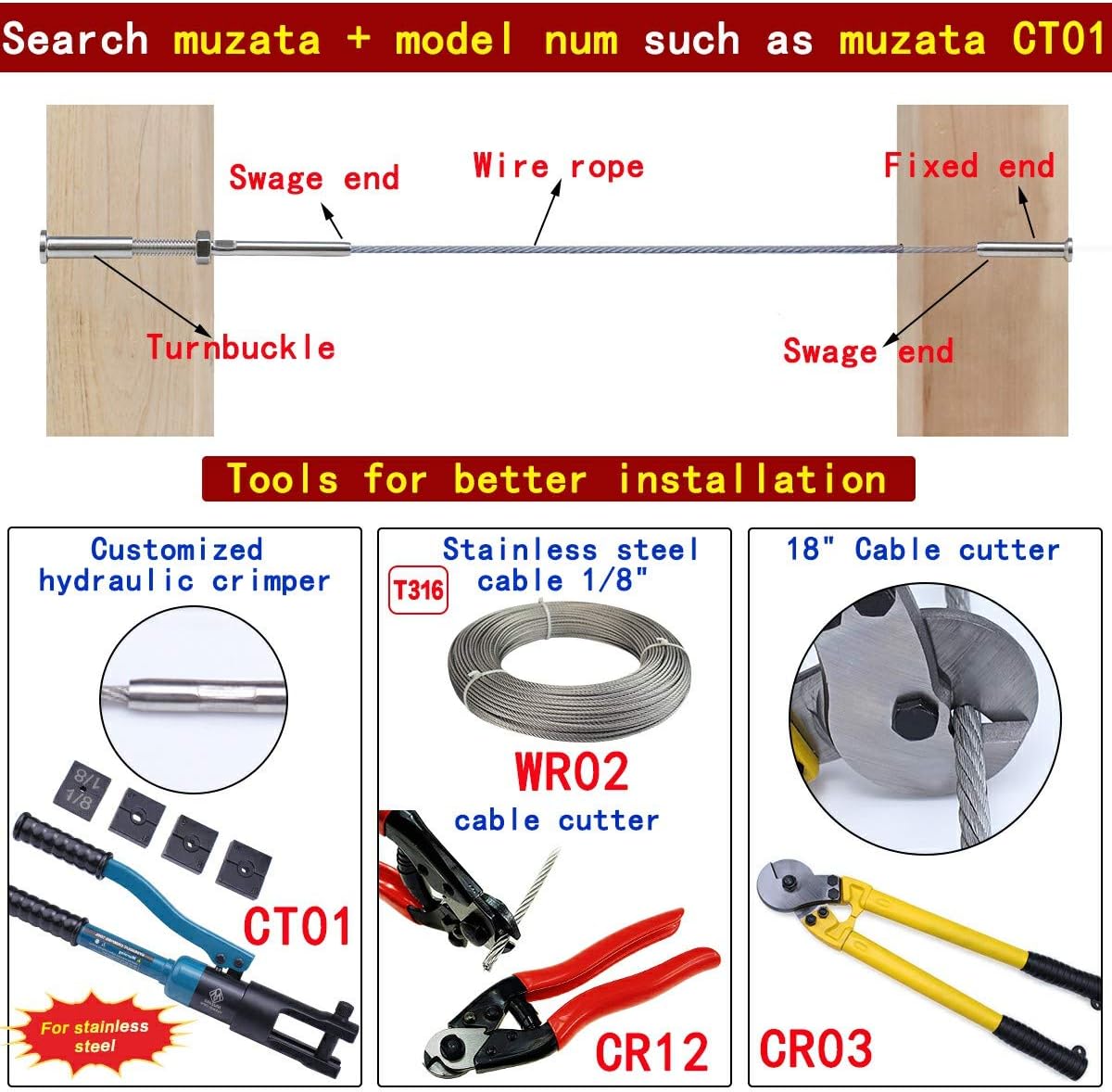 10Pack 1/8 T316 Stainless Steel Cable Railing Kit Hardware F777