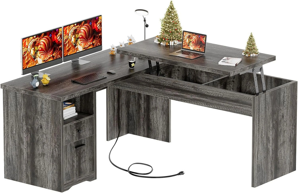 L Shaped Desk with Power Outlets and USB Charging Ports, Lift Top Corner Computer Desk with Drawer, Black Oak D14890
