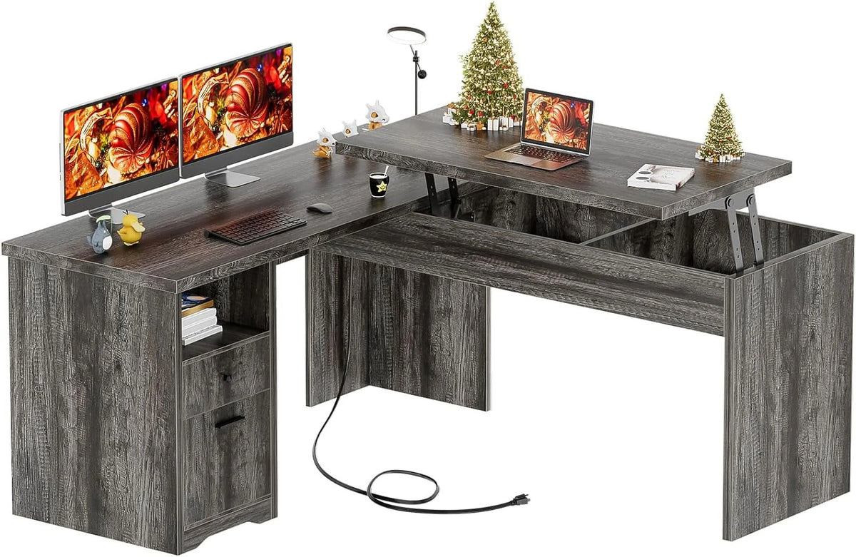 L Shaped Desk with Power Outlets and USB Charging Ports, Lift Top Corner Computer Desk with Drawer, Black Oak D14890