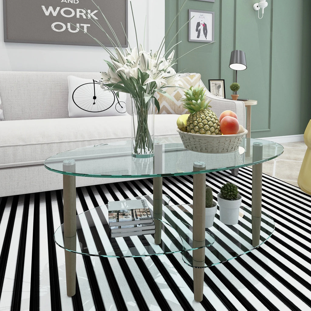 Oval Glass Coffee Table with Storage I1161