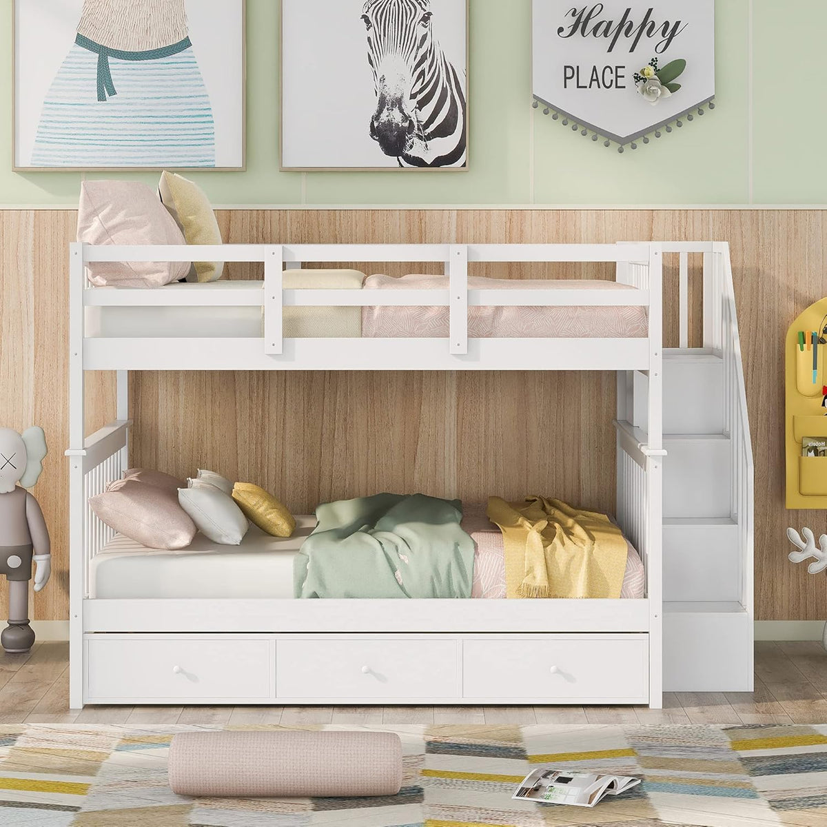 White Full Over Full Wooden Bunk Bed with Stairs and Storage Drawers N1942