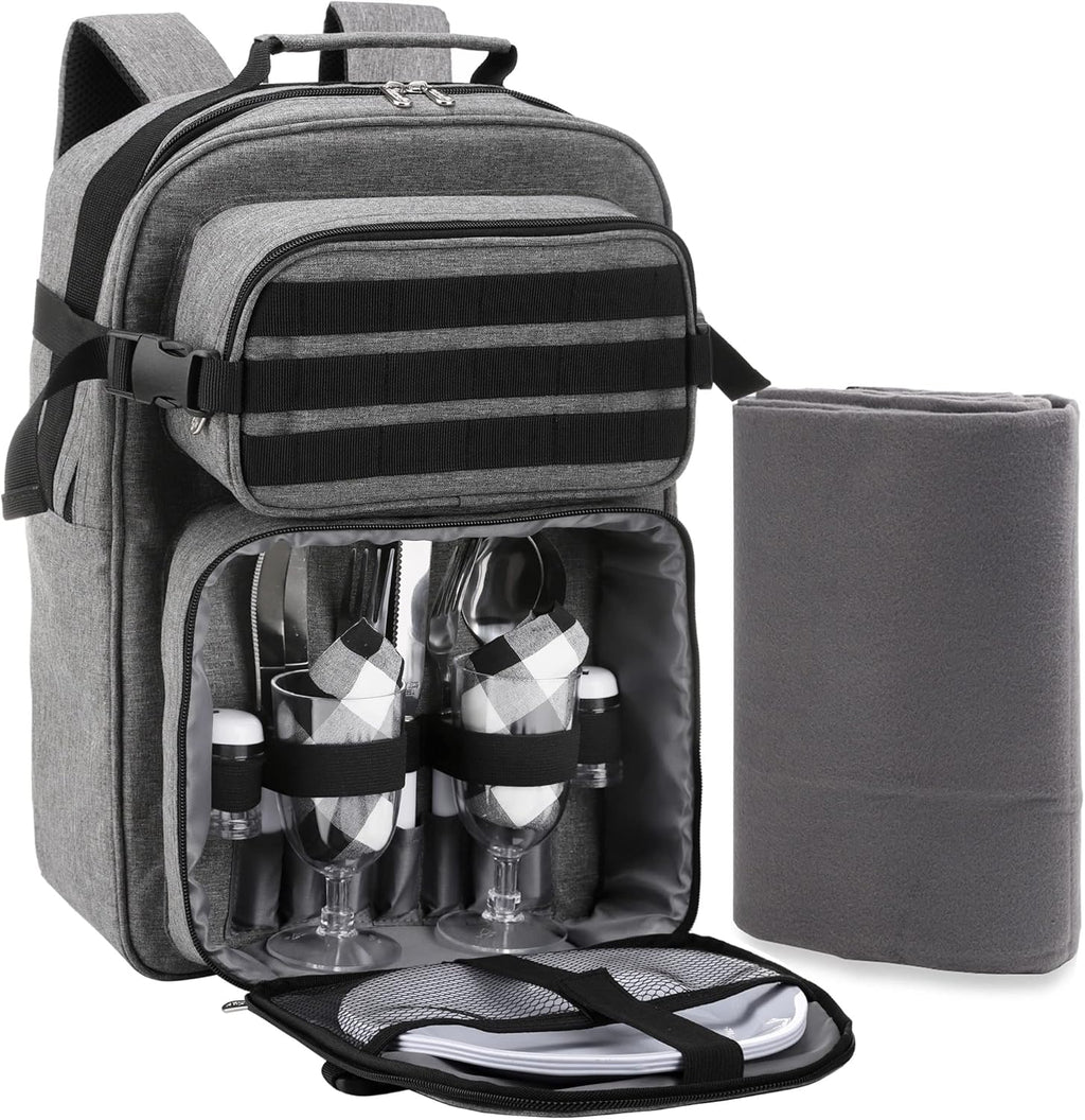 Picnic Backpack Cooler Bag for 2 Person Set with Insulated Compartment, Fleece Blanket, Cutlery Set N7604