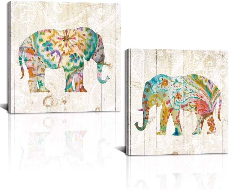 2 Panels Elephant Canvas Wall Art Framed 24x24x2pcs D39375