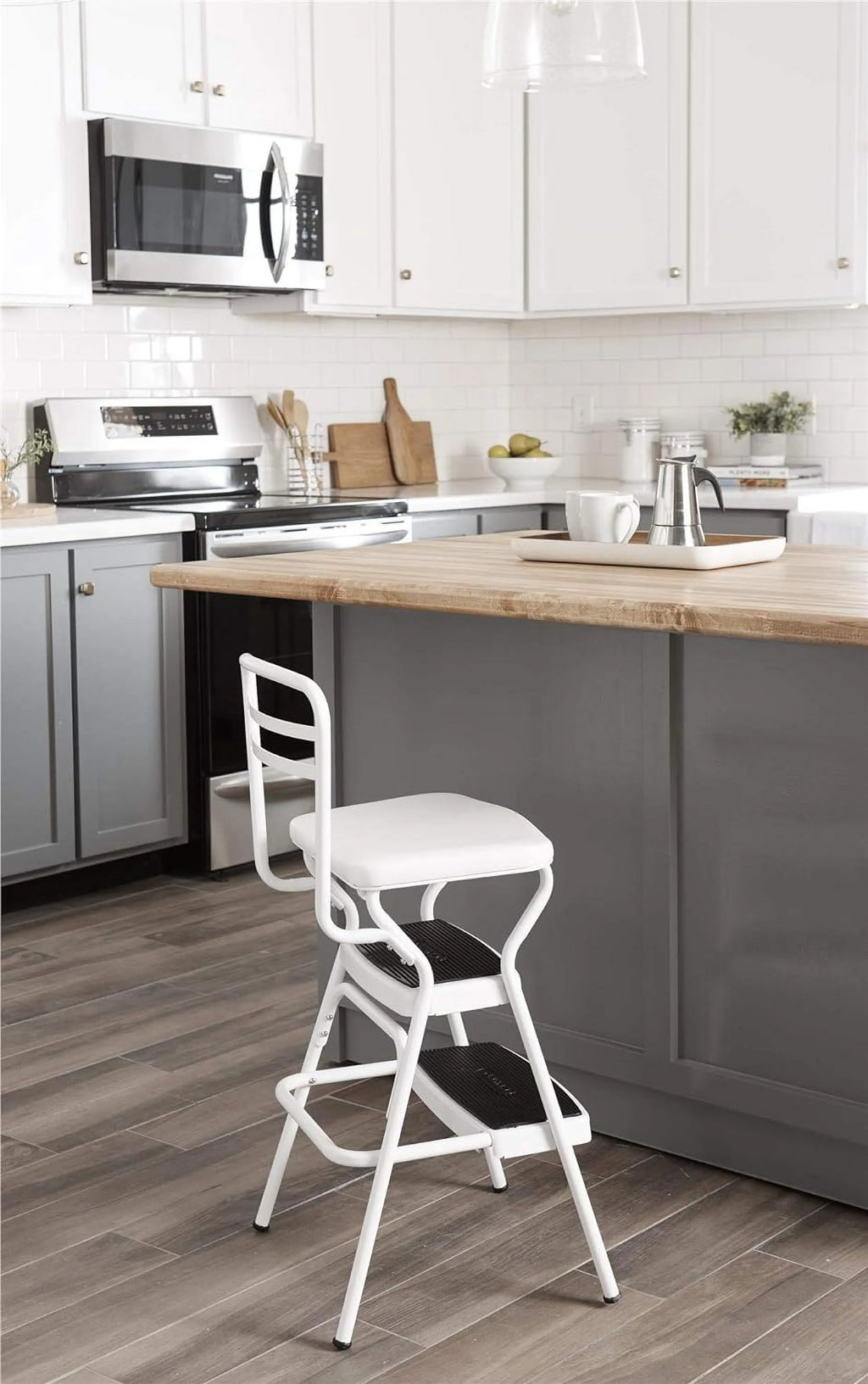 White Retro Counter Chair Step Stool with Lift-up Seat W897430