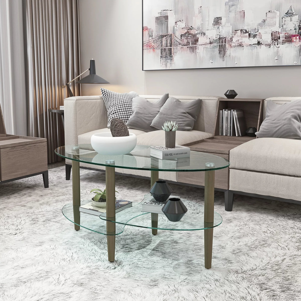 Oval Glass Coffee Table with Storage I1161