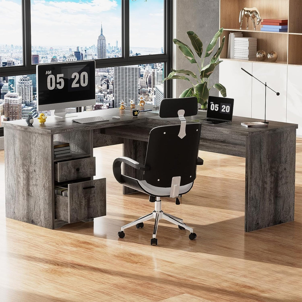 L Shaped Desk with Power Outlets and USB Charging Ports, Lift Top Corner Computer Desk with Drawer, Black Oak D14890