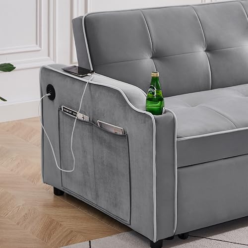 Black Velvet Convertible Futon Couch with USB Ports E2665