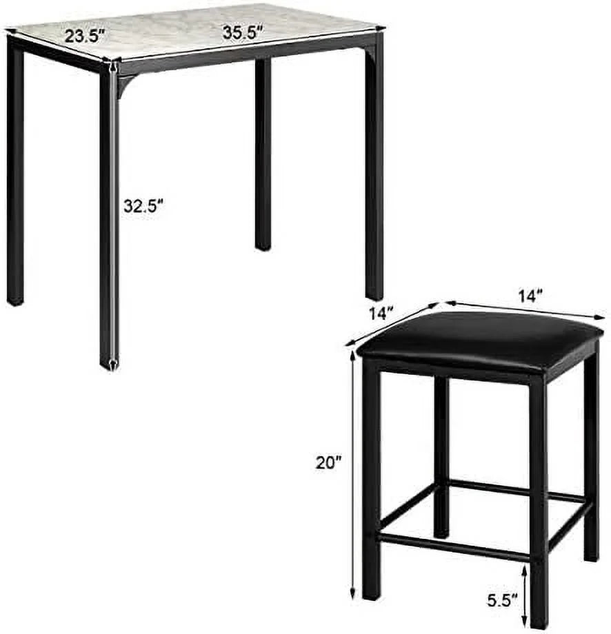 Black 3 Pieces Dining Table Set with Faux Marble Tabletop and PU Leather Stools W9848