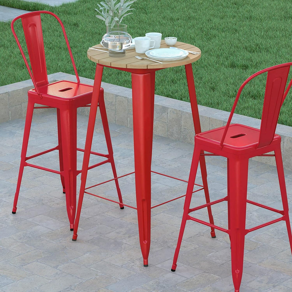 Indoor/Outdoor Bar Top Table Brown Resin Top Red Steel Base U90643