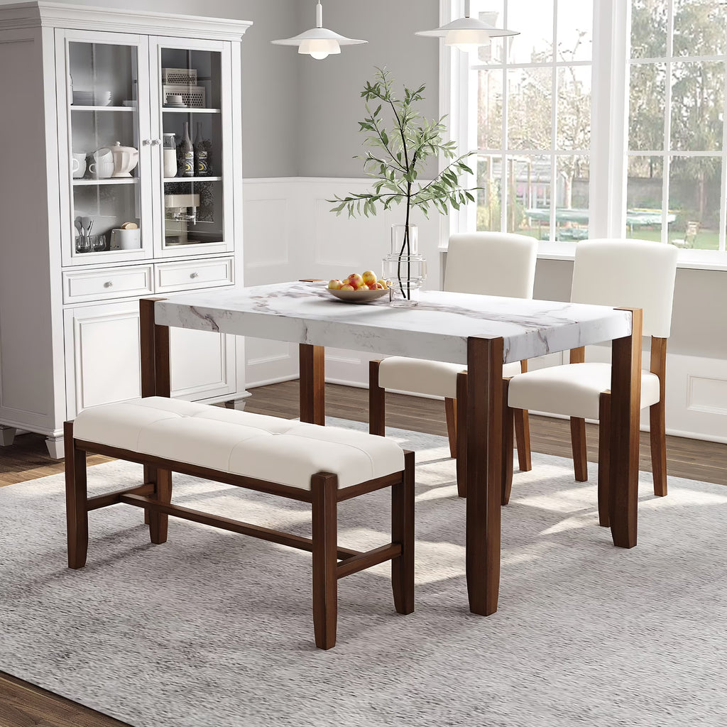 4-Piece Faux Marble Dining Furniture Set with 2 Upholstered Chairs & Bench T960207