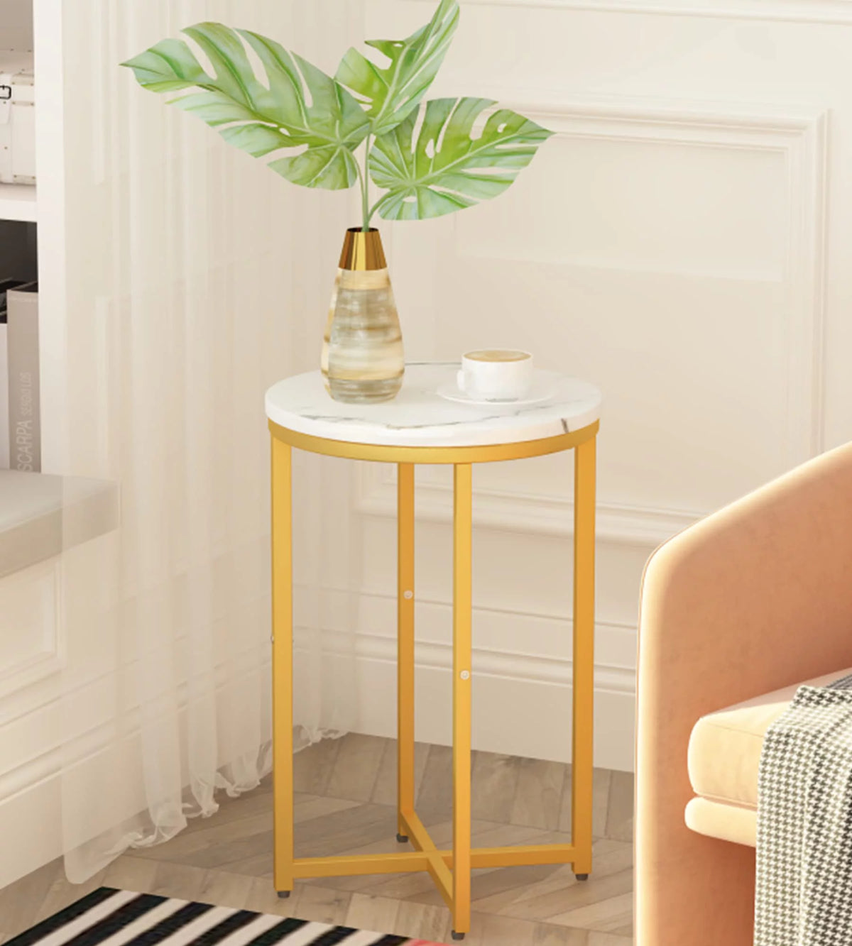 Round Faux Marble Side Table with Metal Frame X222