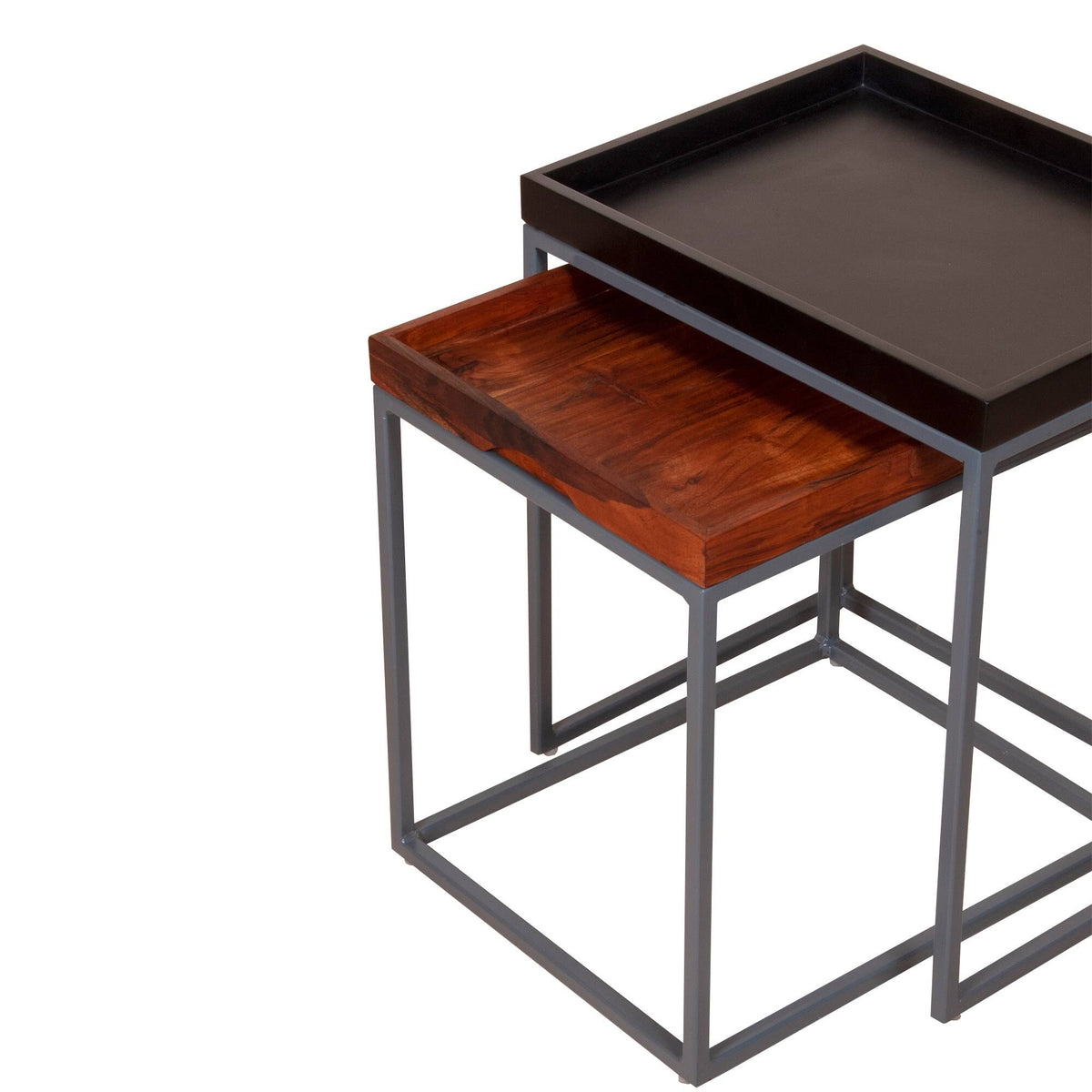 2 Piece Wooden Tray Top Nesting Table Set with Metal Frame, Brown and Black H636937