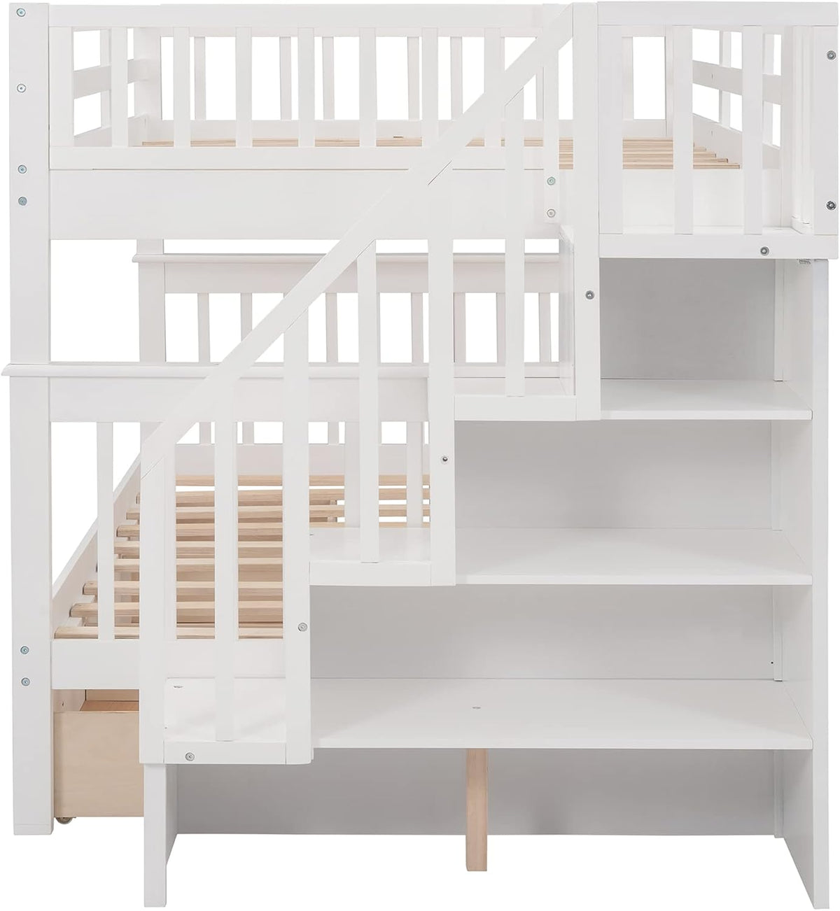 White Full Over Full Wooden Bunk Bed with Stairs and Storage Drawers N1942